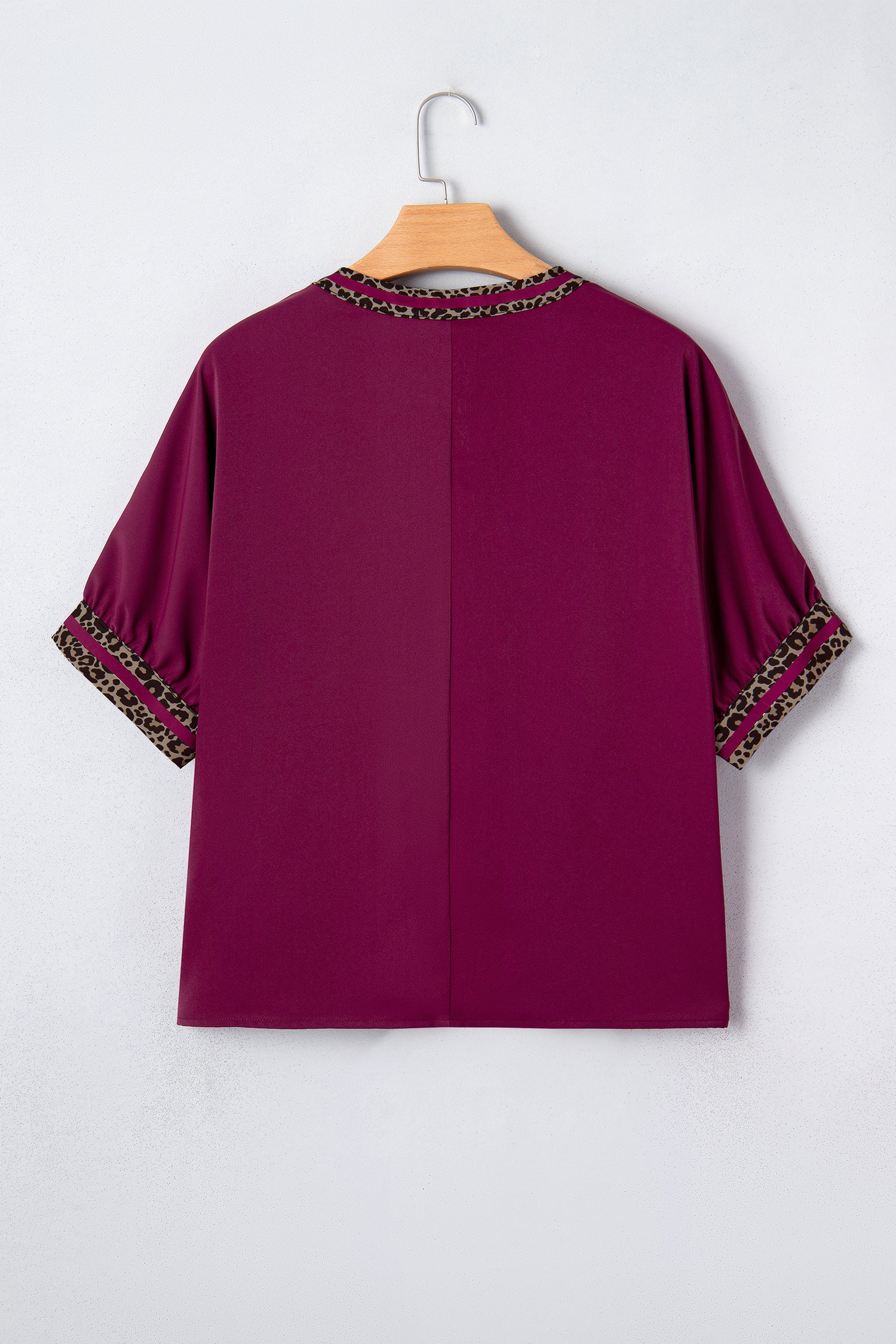 Red Dahlia Contrast Leopard Trim V Neck Short Sleeve Blouse