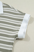 Green Stripe Collared V Neck Short Sleeve T Shirt Midi Dress with Pockets