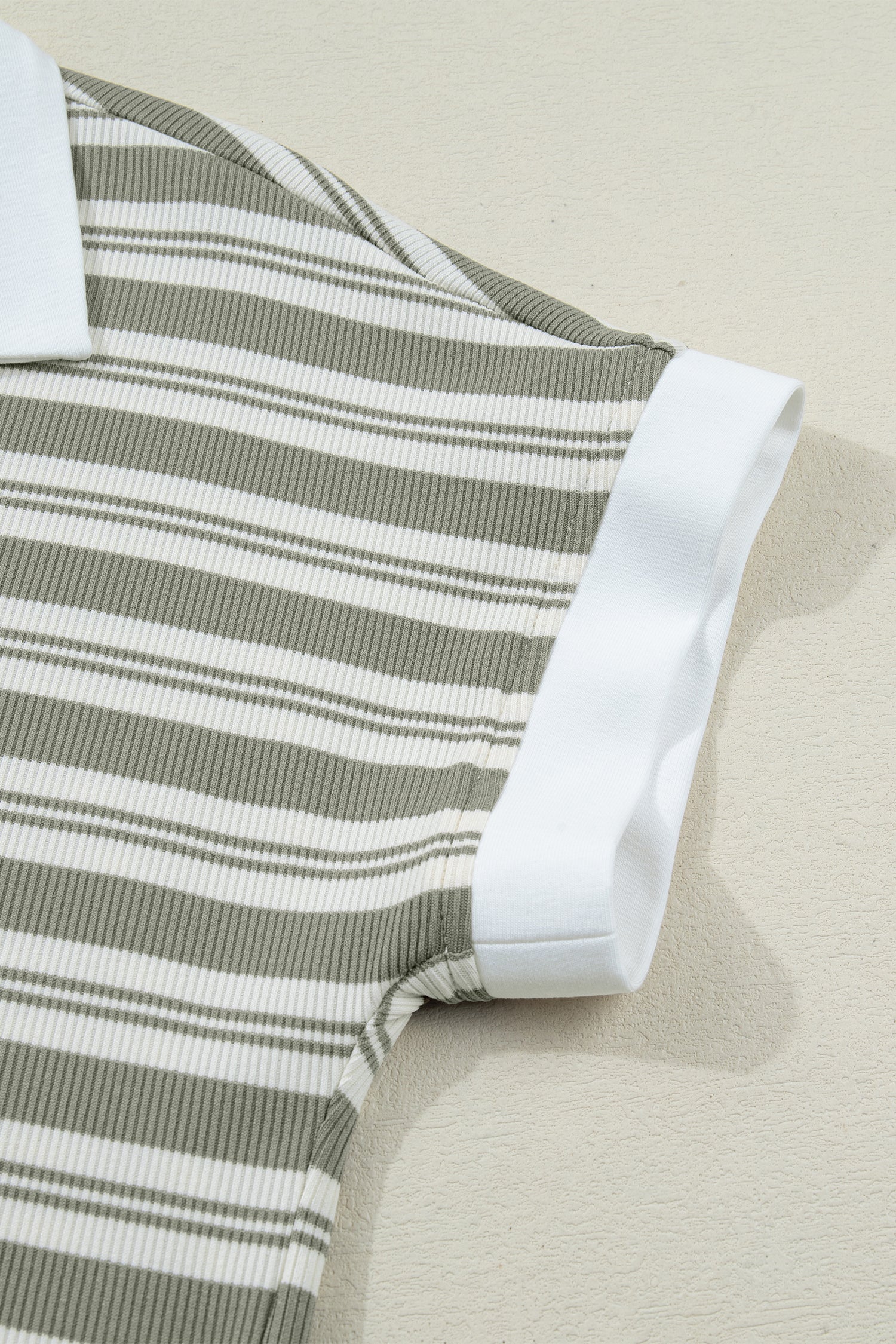 Green Stripe Collared V Neck Short Sleeve T Shirt Midi Dress with Pockets