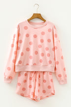 Polka Dot Print Drop Shoulder Pullover Drawstring Shorts Set