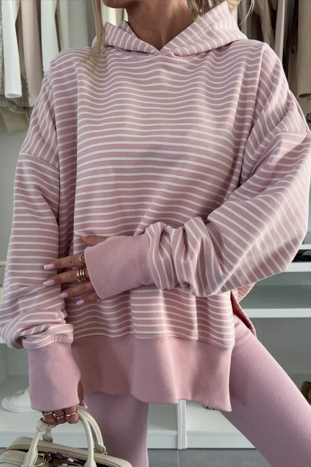 Striped Thumbhole Side Slits Drop Shoulder Loose Fit Hoodie