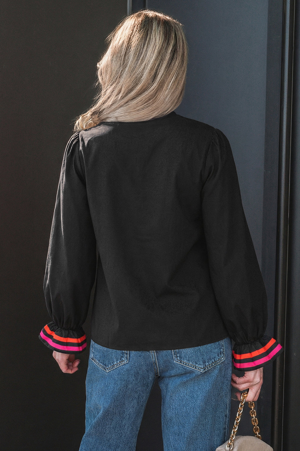 Striped Trim Ruffle Split Neck Long Sleeve Blouse