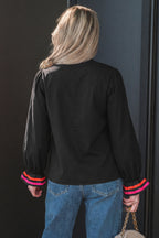 Striped Trim Ruffle Split Neck Long Sleeve Blouse