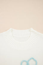 White Embroidered Flower Bouquet Ribbed Trim Loose Sweater