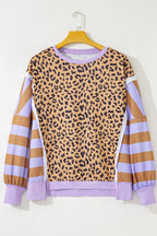 Purple Leopard Striped Patchwork Plus Size Loose Sweatshirt