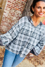 Plaid Patchwork Long Sleeve Button Hooded Blouse