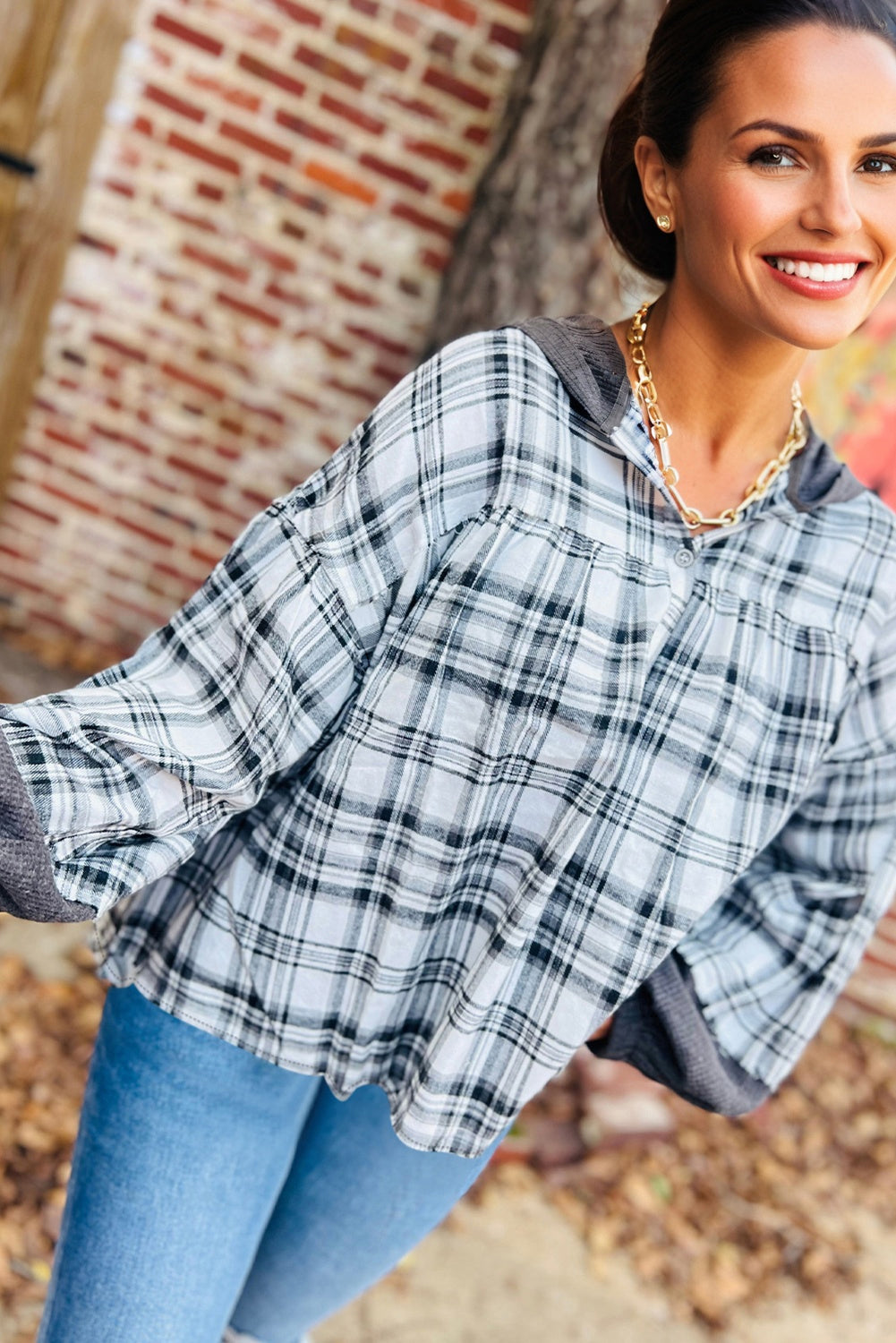 Plaid Patchwork Long Sleeve Button Hooded Blouse