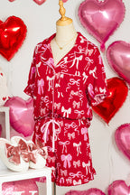 Red Sweet Bow Print Ruffled Short Sleeve Shirt Shorts 2pcs Pyjama Set