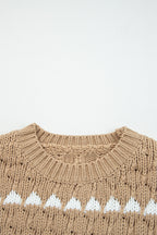Pale Khaki Contrast Detail Textured Knit Puff Sleeve Baggy Sweater