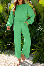 Light Pink Drop Shoulder Puff Sleeve Crop Pullover Drawstring Wide Leg Pants Set