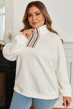 Beige Plus Size Rhombus Texture Contrast Striped Collar Baggy Sweatshirt