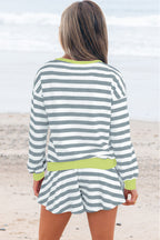 Gray Stripe Contrast Ribbed Banding Long Sleeve Blouse Loose Shorts Set