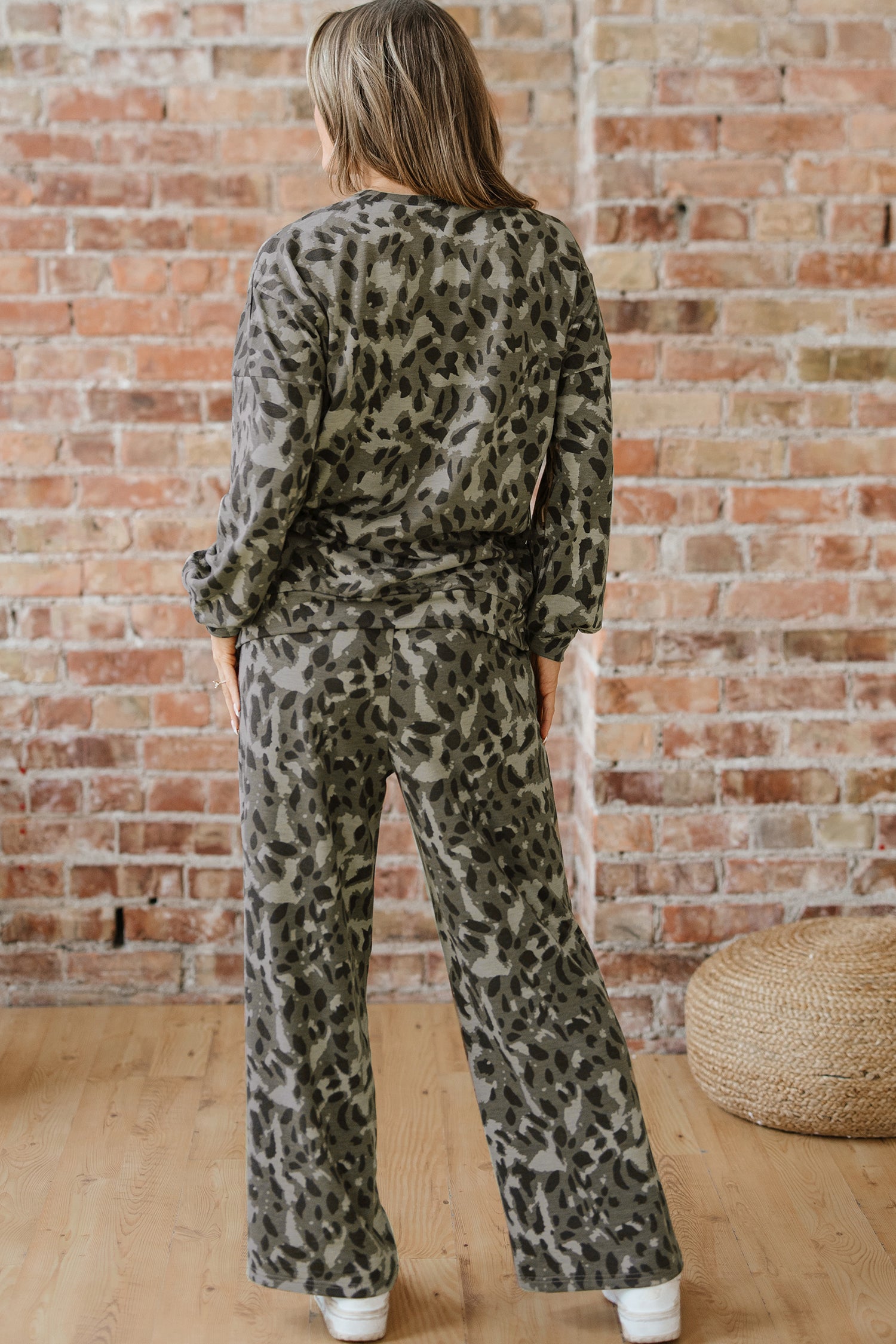 Leopard Print Raw Seam Patchwork Pullover Drawstring Loose Pant Set