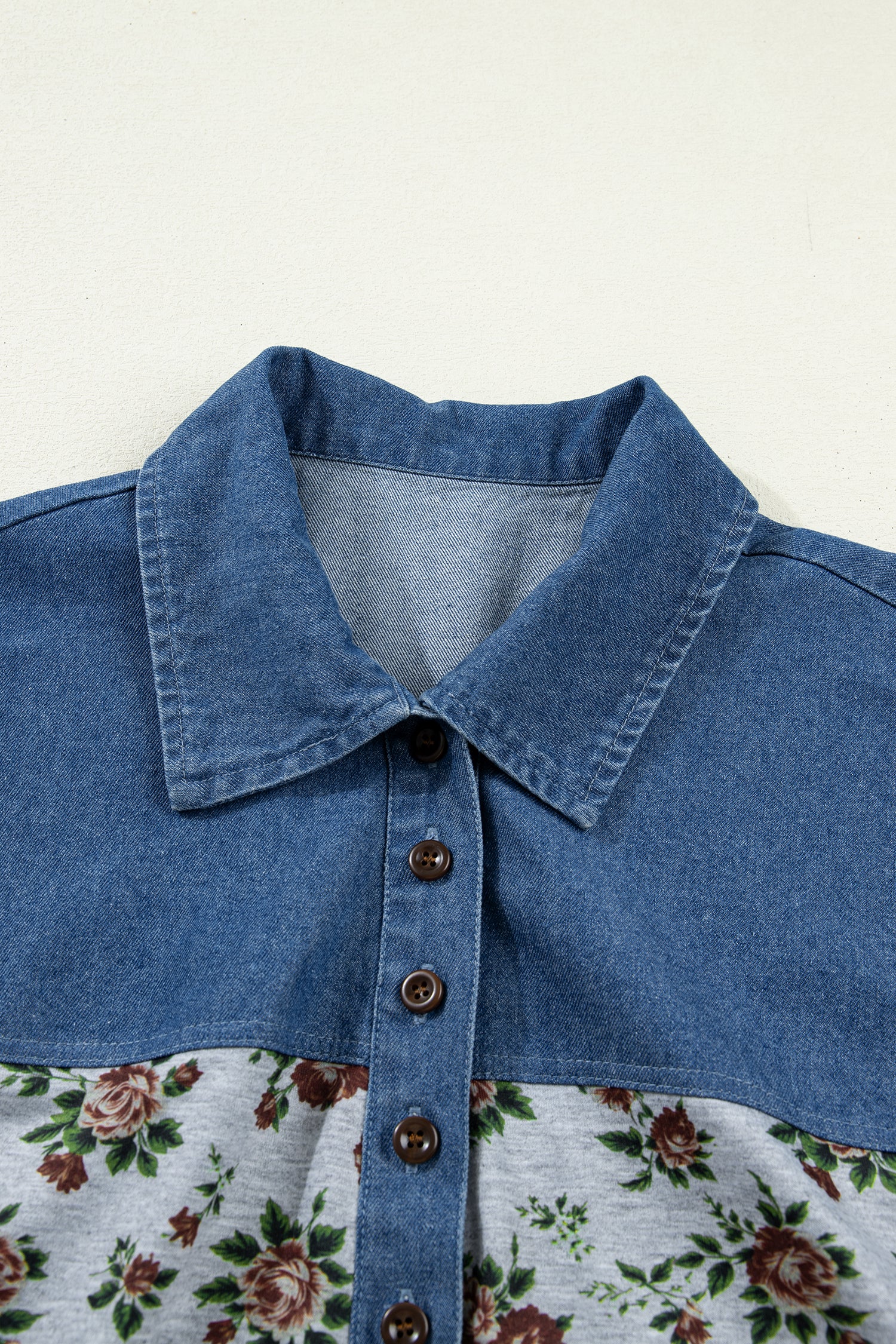 Gray Retro Floral Print Denim Patchwork Buttoned Polo Collar Top