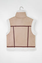 Dark Khaki Sherpa Lined Faux Suede Lapel Collar Vest