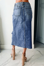 Irregular Distressed Bottom Denim Midi Skirt