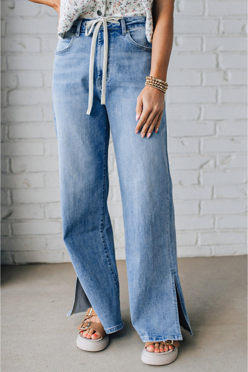 Myosotis Slit Leg High Rise Drawstring Casual Jeans