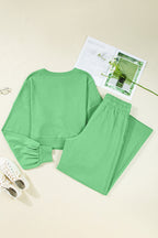 Light Pink Drop Shoulder Puff Sleeve Crop Pullover Drawstring Wide Leg Pants Set