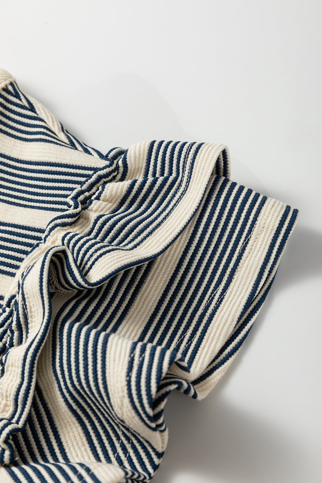 Blue Stripe Ruffled Short Sleeve Contrast Trim Button Notched Neck Midi Dress