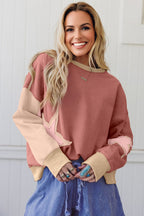 Rose Pink Contrast Star Patchwork Exposed Seam Uneven Hem Drop Shoulder Sweatshirt