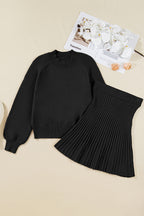 High Neck Puff Sleeve Sweater Pleated Mini Skirt 2pcs Knitted Outfit
