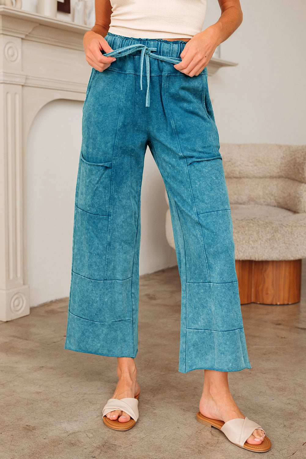 Mineral Wash Lace-up High Waist Raw Hem Patched Pocket Pants
