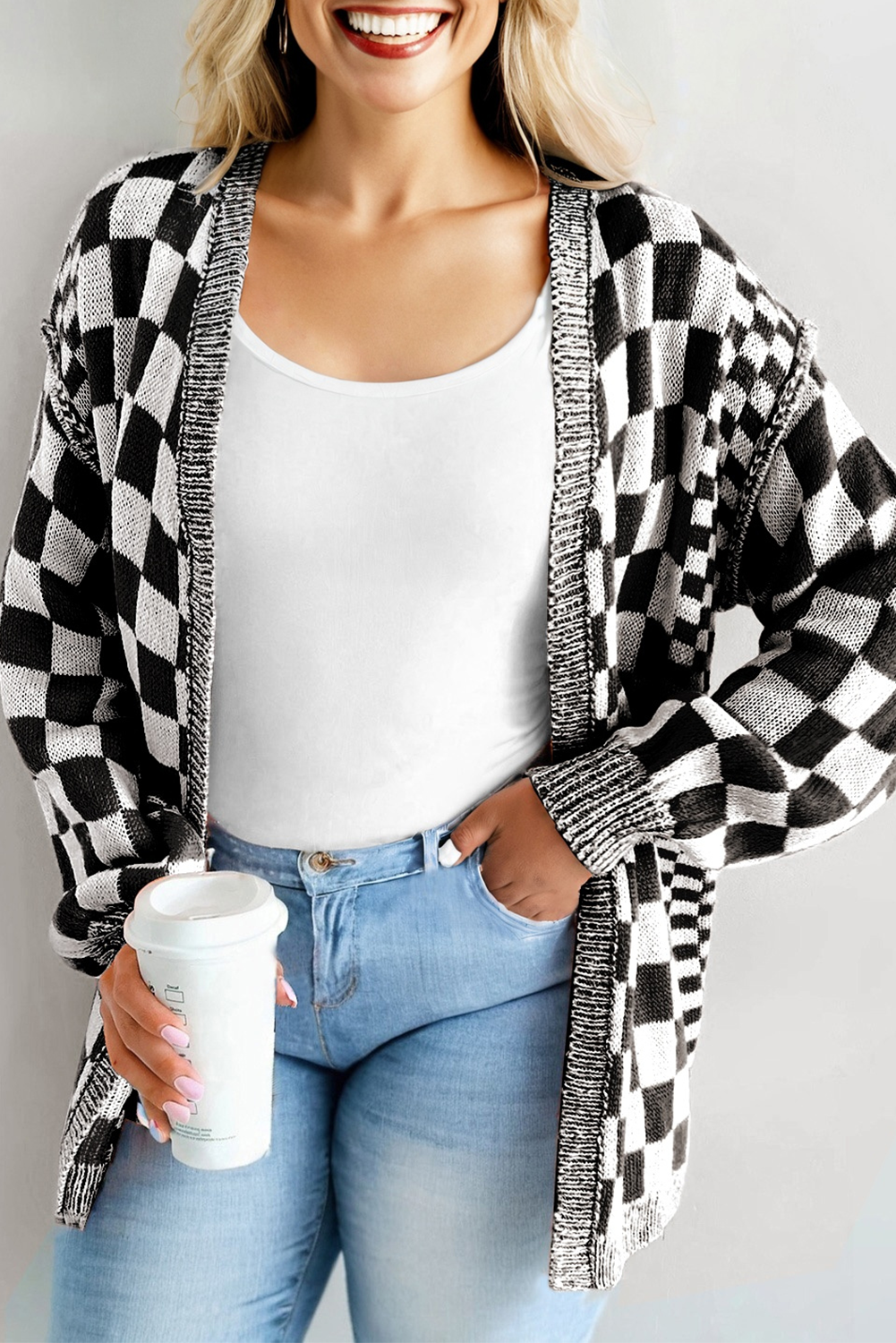 Black Checkered Bubble Sleeve Drop Shoulder Open Plus Size Cardigan