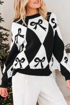 Black Bow Print 2-tone Rhombus Knit Loose Sweater