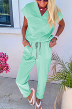 Solid Color V Neck Tee Drawstring Pant Set