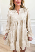 Parchment Long Sleeve Notched Neck Jacquard Tiered Mini Dress