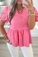 Sachet Pink Frilled V Neck Flower Embroidered Puff Sleeve Textured Blouse