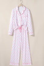 Pink Bow Print Long Sleeve Shirt and Pants Soft Pajama Set