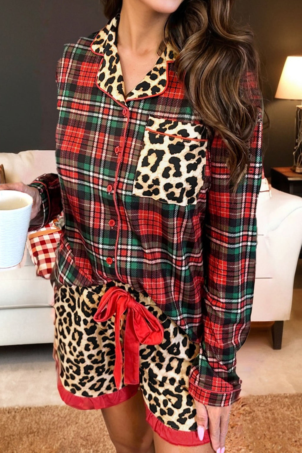 Racing Red Retro Plaid Leopard Print Patchwork Long Sleeve Shorts Pyjama Set