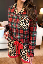 Racing Red Retro Plaid Leopard Print Patchwork Long Sleeve Shorts Pyjama Set