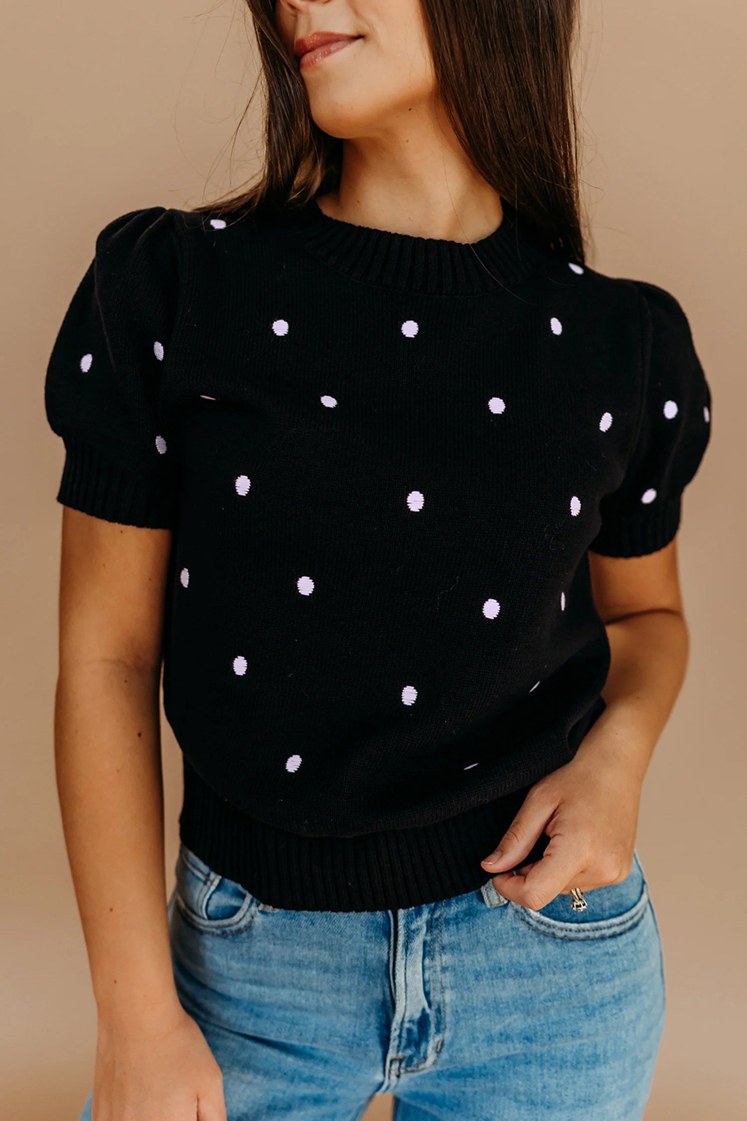 Elegant Polka Dot Bubble Short Sleeve Sweater
