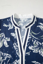 Blue Floral Print Short Puff Sleeve Striped Trim V Neck Blouse