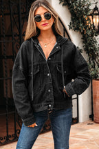 Black Big Chest Pocket Drop Shoulder Hooded Denim Jacket