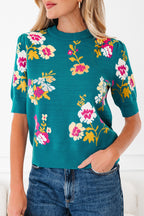 Blue Flower Pattern Mock Neck Short Sleeve Knitted T Shirt