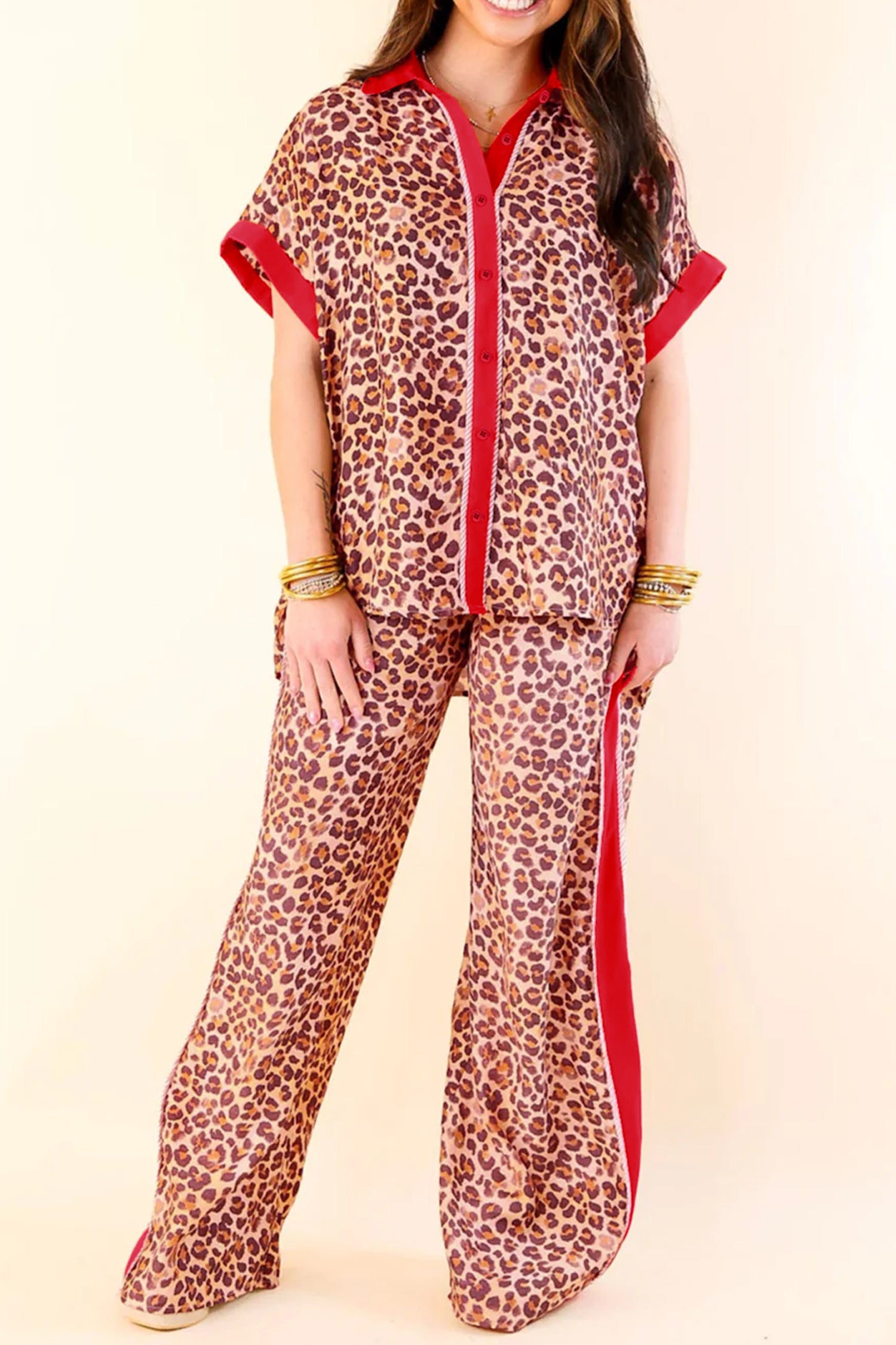 Contrast Trim Leopard Top and Pant Set