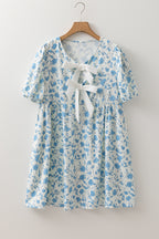 Sky Blue Leopard Contrast Bow Puff Sleeve Mini Dress