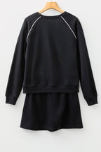 Black Contrast Piping Crewneck Pullover Mini Skirt Set
