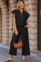 Black Textured Ruffled Sleeve Zipped Top and Wide Leg Pants Set
