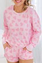 Valentine Heart Shape Print Long Sleeve Top Shorts Lounge Set
