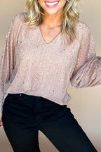 Light Pink V Neck Sequin Plisse Long Sleeve Blouse