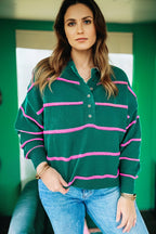 Green Stripe Half Buttons Drop Shoulder Plus Size Sweater