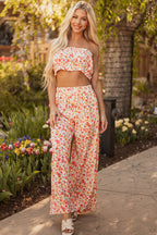 Pink Boho Floral Bandeau Top and High Waist Wide Leg Pants Set