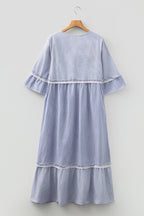 Sky Blue Stripe Patchwork Crossed Lace Detail Bracelet Sleeve Maxi Dress