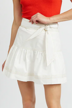 White Contrast Stitching Trim Knotted High Waist A-Line Mini Skirt