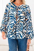 Blue Zebra Print Tied Front Puff Sleeve Top