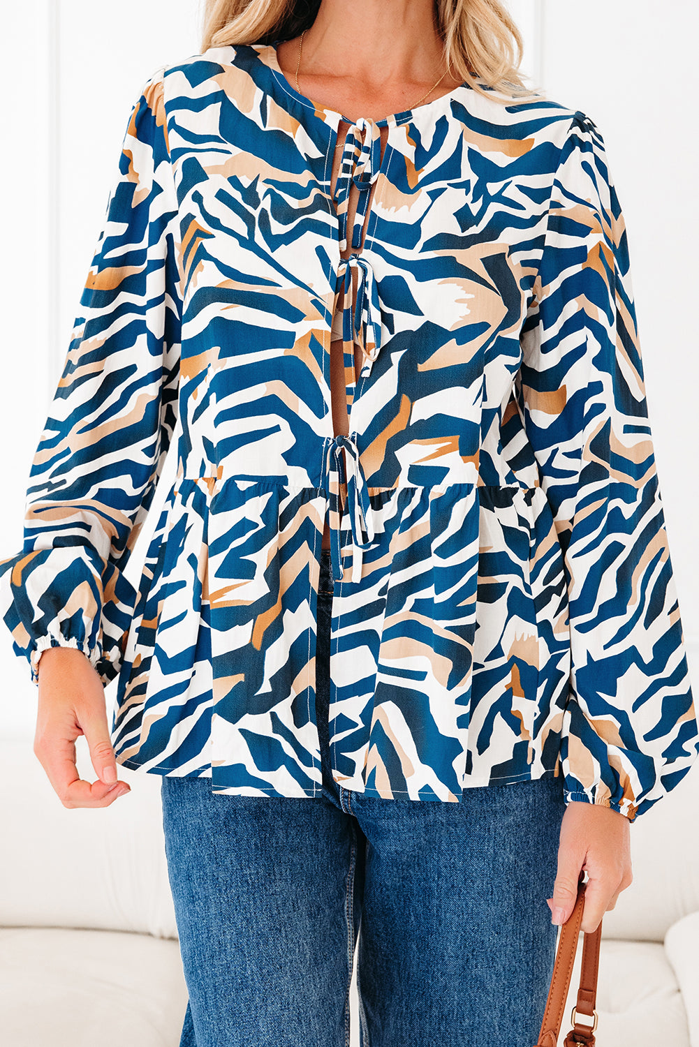 Blue Zebra Print Tied Front Puff Sleeve Top
